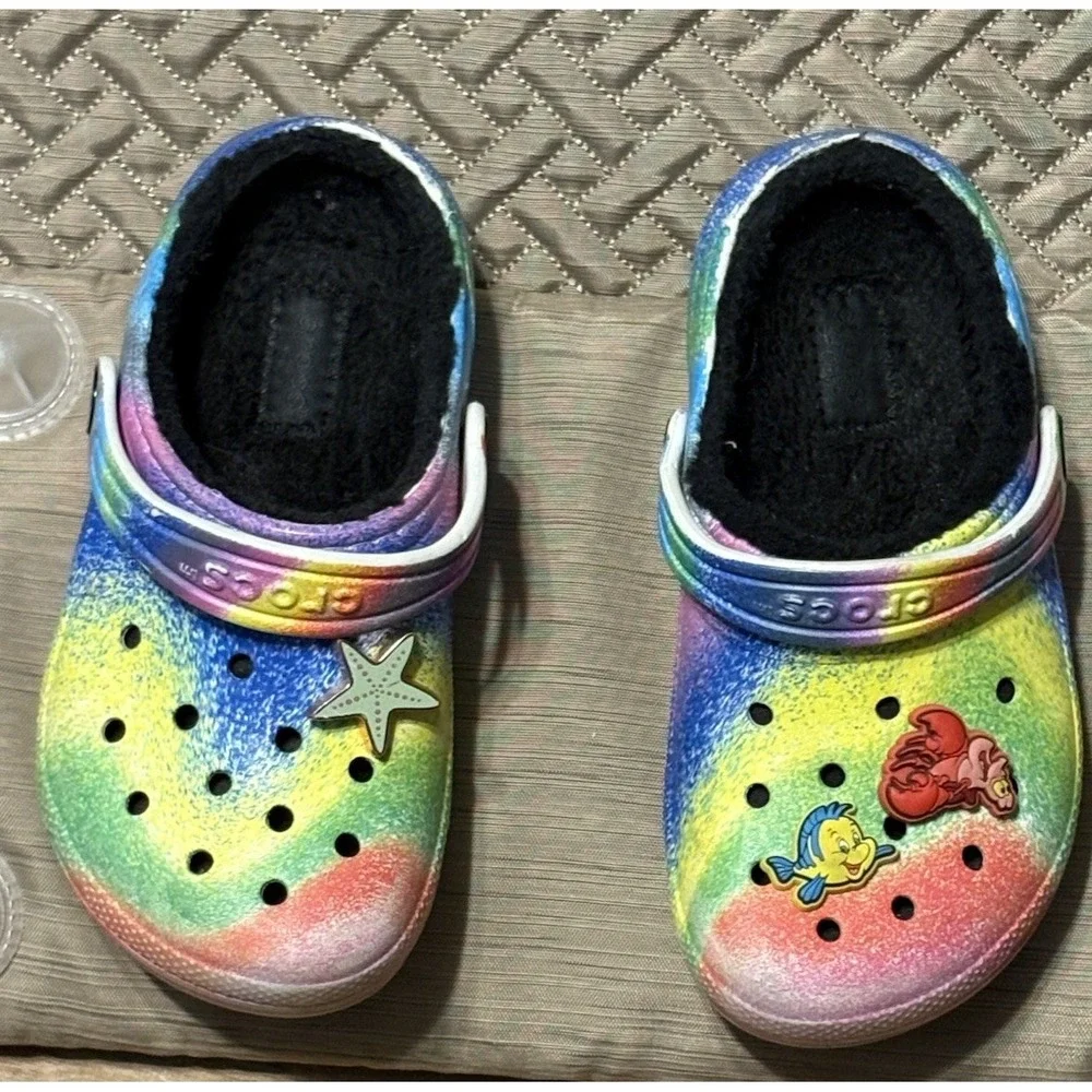 CROCS Classic Faux Fur Lined Tye Dye Spray Kids Size C12‎ Girls Mermaid Jibbitz